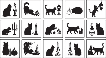 Obraz premium Black cat silhouette with halloween objects and decorations vector icons