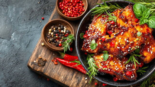 Glazed spicy chicken wings with sesame seeds and herbs in a bowl chili peppers cooked food