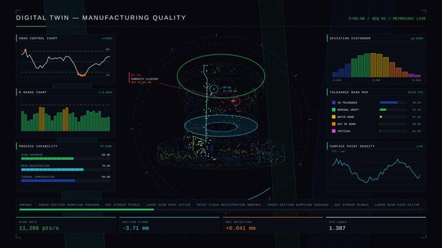 A hyper-detailed 3D metallic component rotates in a dark void as a Digital Twin quality inspection protocol executes with vivid color mapping and scanning overlays.