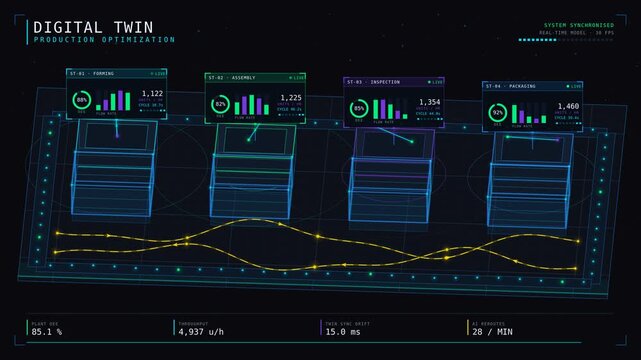 Explore a hyperrealistic virtual factory floor with glowing wireframe geometry and holographic data panels, showcasing digital twin technology for production optimization.