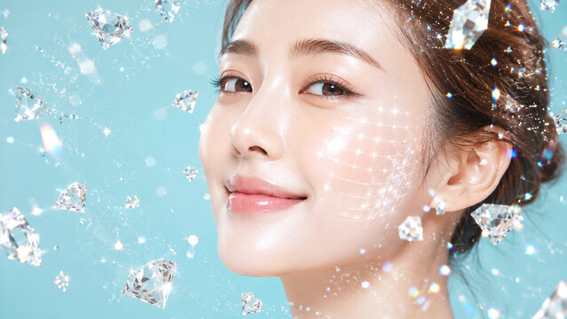 Beautiful Asian woman with radiant glowing skin and diamond skincare matrix