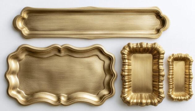 Four ornate golden trays of varying shapes and sizes on a light surface