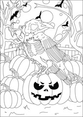 Naklejka premium halloween skull crow in pumpkin coloring page vector line art design