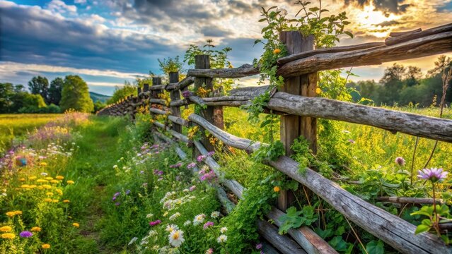 Rustic Wooden Fence with Wildflowers in Lush Green Landscape
