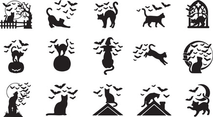 Obraz premium Halloween black cat and bat icons with pumpkins and moon designs