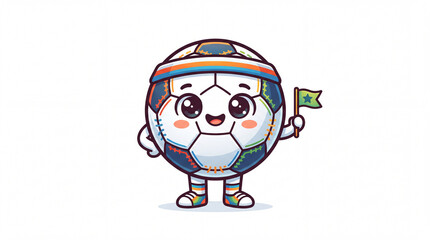 Fototapeta premium Cute Cartoon Soccer Ball Character Holding a Small Star Flag Mascot Illustration Isolated on White Background