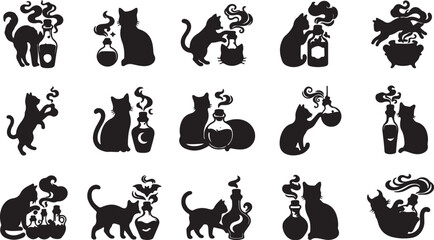 Obraz premium Black cat playing with wine glass vector illustrations set
