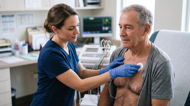 Nurse placing ECG electrode on senior patient chest during cardiac examination