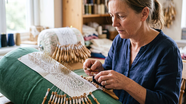 Mature woman artisan making traditional bobbin lace on green pillow in workshop