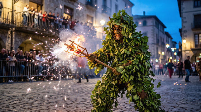 Traditional Plens fire devil dances during La Patum festival in Berga Spain