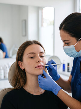 Doctor marking female patient lips before cosmetic filler injection in clinic