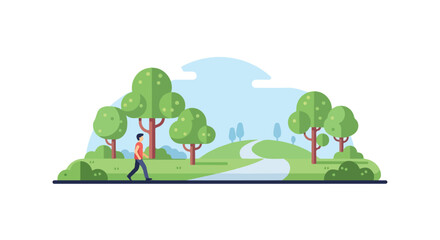 Fototapeta premium A stylized vector illustration of a man walking through a tranquil green park with trees, hills, and a winding path.