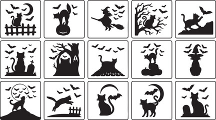 Obraz premium Halloween black cat and bat icons set with spooky elements and moon
