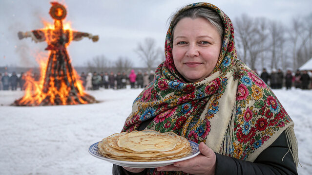 Woman holding traditional blini during Maslenitsa festival with burning effigy
