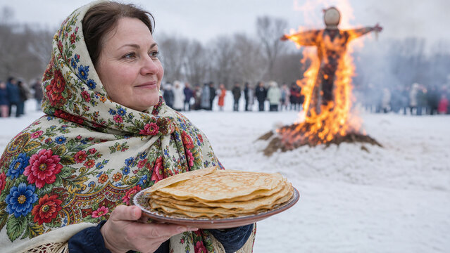 Slavic woman holding blini pancakes at the Maslenitsa festival effigy burning.