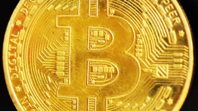 Close Up Golden Bitcoin Crypto Currency Blockchain Technology