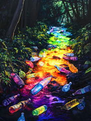 Obraz premium Digital painting of glowing plastic bottles polluting sunlit forest stream