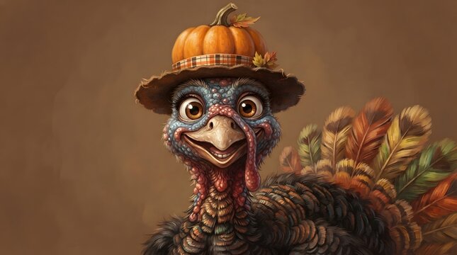 Closeup portrait of a cute cartoon turkey wearing a rustic pumpkin hat, detailed feathers and expressive eyes, autumn harvest theme, digital art illustration