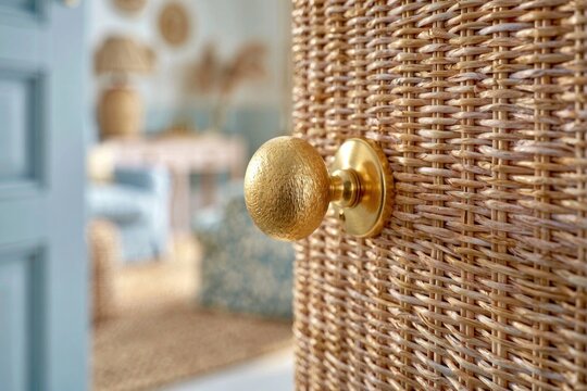 Golden ornate doorknob on woven rattan cabinet