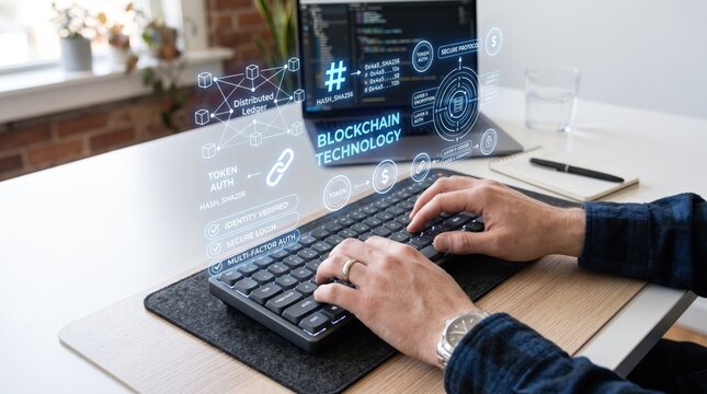 Hands typing on keyboard with futuristic blockchain technology hologram interface, distributed ledger, crypto currency security, hash algorithm, token authentication, secure logins