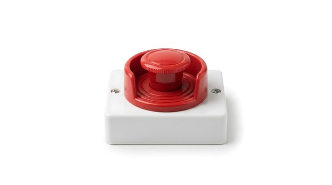 A red emergency button on a white base isolated on a white background for safety and panic alerts