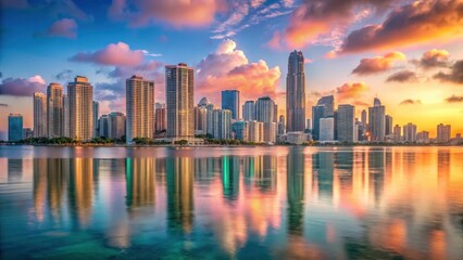 Fototapeta premium Vibrant Sunset Reflection Over Modern City Skyline by Water