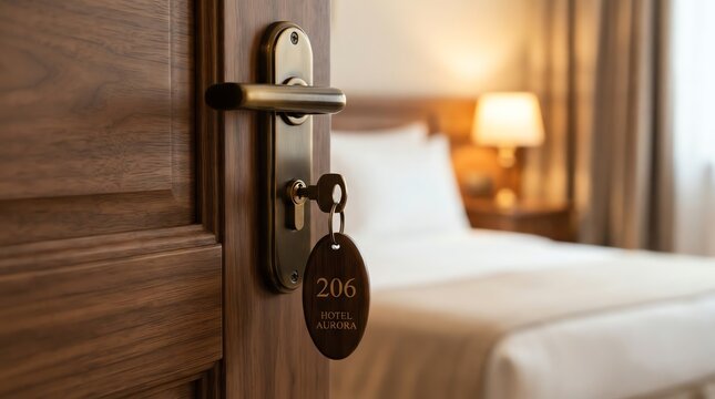 Hotel room unlocked with key card in the doorway, showing a blurred bed in the background