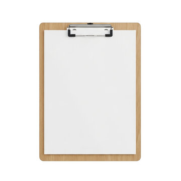 Wooden Clipboard with Blank White Paper Sheet Isolated on White Background