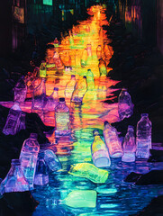 Obraz premium Digital illustration of neon plastic bottles glowing in polluted urban alley stream