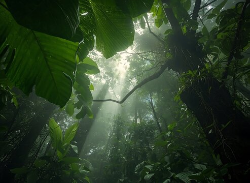 Sun Rays Streaming Through Lush Green Rainforest Trees in the Morning with Misty Woodland Path and Soft Golden Light, Serene Natural Landscape in Summer.