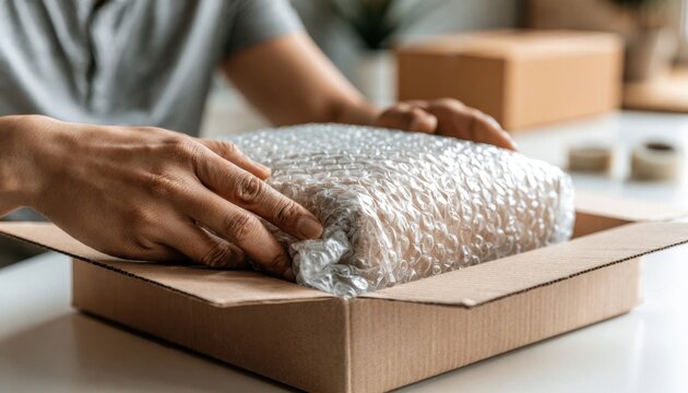 Hands carefully placing bubble-wrapped item into cardboard box