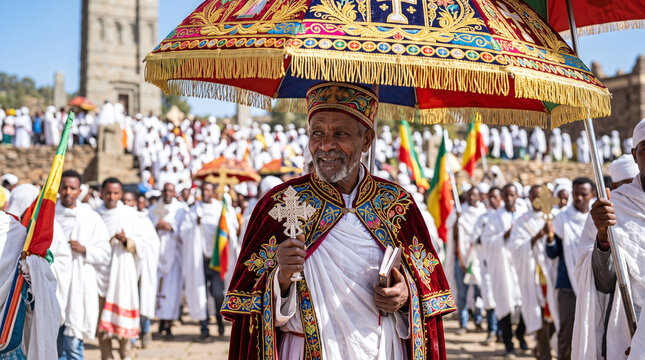 Ethiopian Orthodox priest leads a sacred Timkat procession under an umbrella