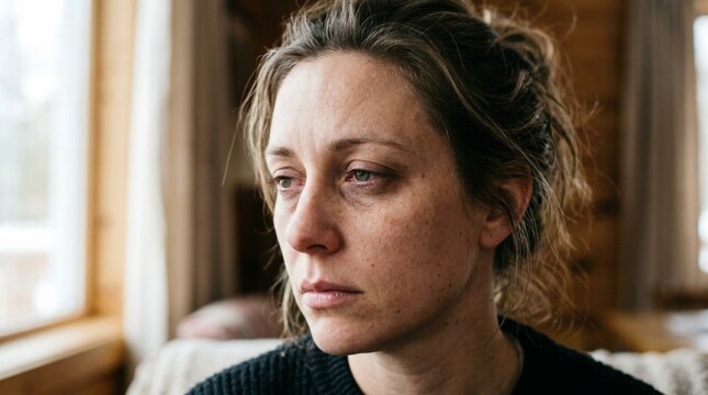 Close-up of a tired woman with faint dark circles under her eyes, natural skin texture, messy hair, contemplative expression, soft window light, indoor portrait, honest beauty and fatigue