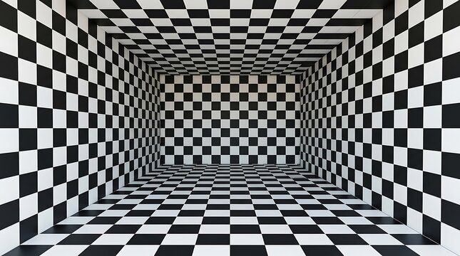 Empty square room with Chess perspective room background. Black and white chess board perspective room texture