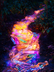 Obraz premium Digital painting of glowing plastic bottle waste piled in forest creek