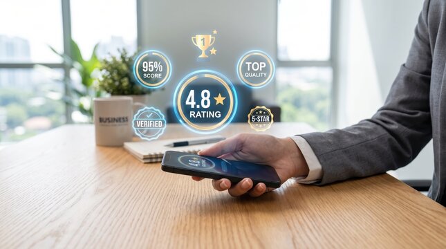 Hand holding mobile phone displaying holographic augmented reality icons of high rating scores, five stars, verified badge and top quality trophy, excellence achievement