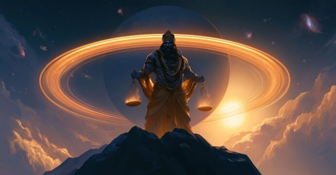 Hindu deity shani dev standing atop a rocky peak under a cosmic sky with glowing golden rings