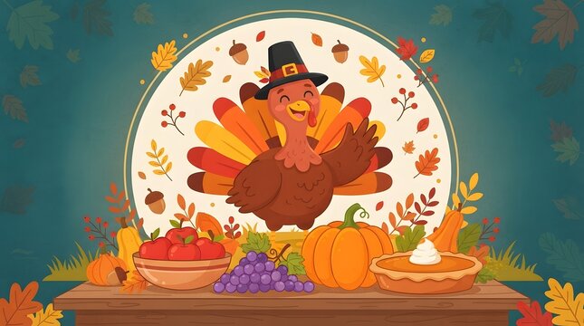 Cute cartoon turkey wearing a pilgrim hat waving hello with autumn harvest food like pumpkins apples and pie on a wooden table