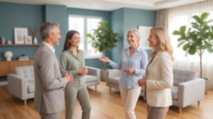 Obraz premium Group of diverse business professionals standing in modern office lobby discussing strategy in out of focus shot