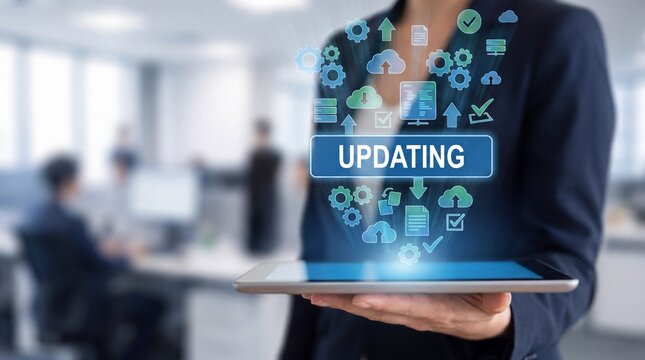 Businessperson using a tablet for system updating and cloud data synchronization in an office