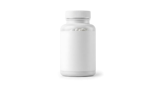 Blank White Plastic Supplement Bottle Mockup for Vitamins and Medicine on White Background