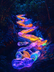 Obraz premium Digital illustration of luminous plastic bottles trailing through dark forest stream
