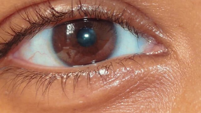 Extreme closeup of an open brown human eye showing iris, pupil, eyelashes and surrounding skin