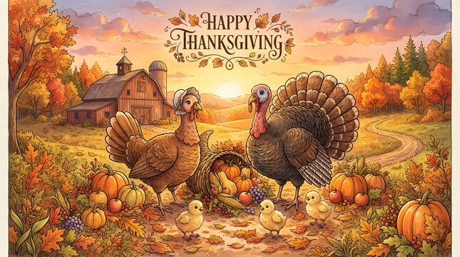Happy thanksgiving illustration featuring a turkey family with chicks, pumpkins, and a cornucopia in a rustic farm landscape at sunset