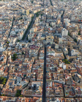Aerial view of the historic city center of Zaragoza with dense urban architecture, terracotta rooftops, and narrow streets, Zaragoza, Aragon, Spain.