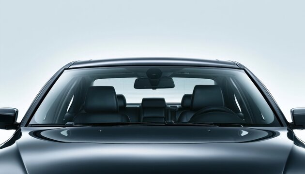 Front view of a black car interior and dashboard