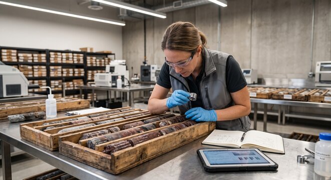 Geological Expert Inspecting Core Samples from Hot Deep Strata