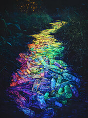 Obraz premium Digital painting of rainbow-hued plastic waste flowing through forest stream