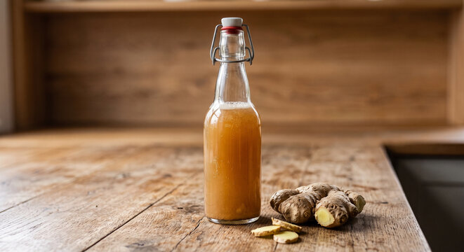 Homemade Ginger Beer Bottle Beside Fresh Ginger Root