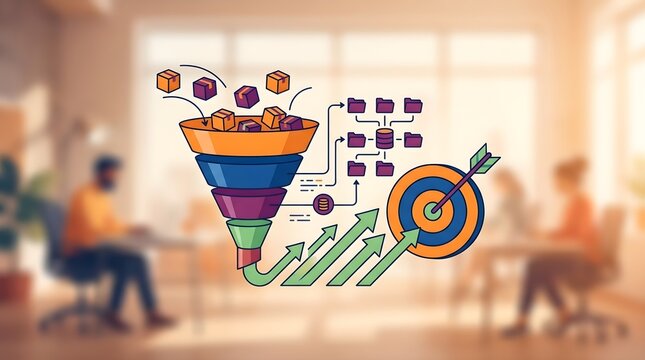 Business process funnel and data sorting diagram in modern office